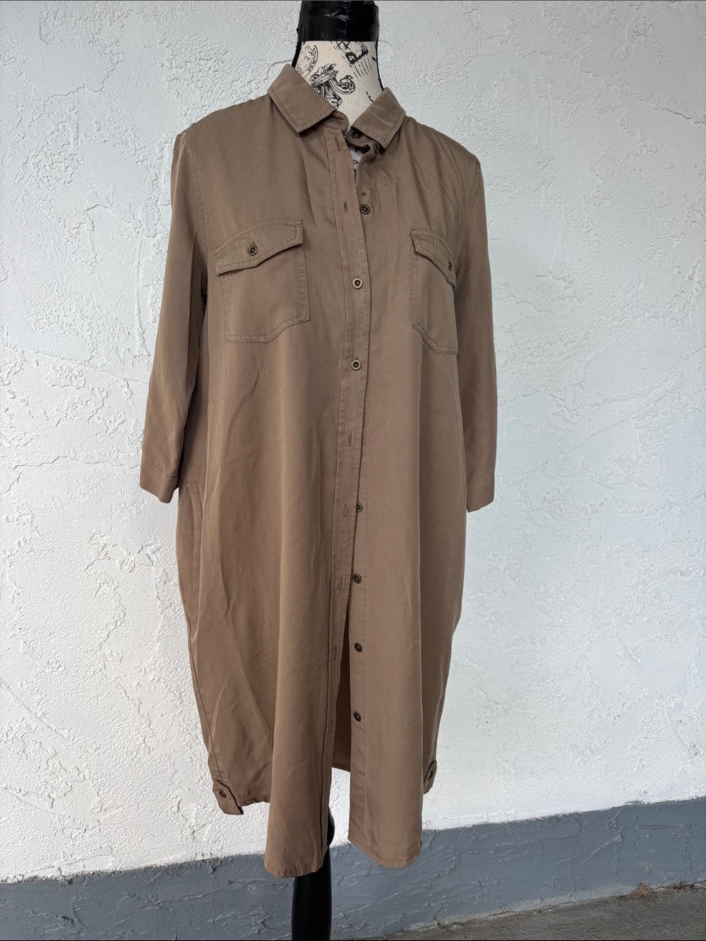 Dex Neutral Tan Button-Front Shirt Dress
